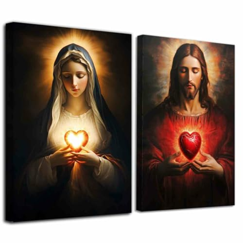 LZIMU 2 teiliges Bild „Heiliges Herz Jesu und Maria“ christlich katholisch Leinwanddruck religiöses Gemälde Kunstwerk zur Darstellung der Göttlichen Barmherzigkeit (Schwarz, (28x35cmx2 Teilig))