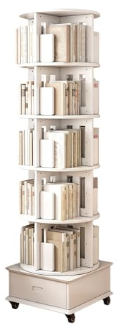 JQslycdmv Drehbarer Bücherturm Mit Schublade, Um 360° Drehbares Bücherregal Aus Massivholz Auf Feststellbaren Rollen, Für Schlafzimmer Und Wohnzimmer(B)