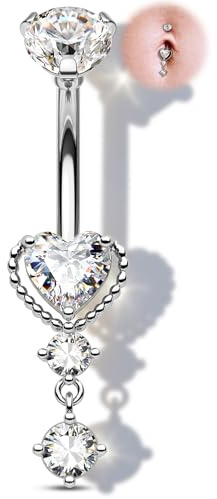 OUFER 14G - Piercing para ombligo de acero quirúrgico 316L con colgante en forma de corazón con circonitas cúbicas, joya para el ombligo, oro y plata, 10 mm, 14G10mm, Acero inoxidable, Circonia cúbica