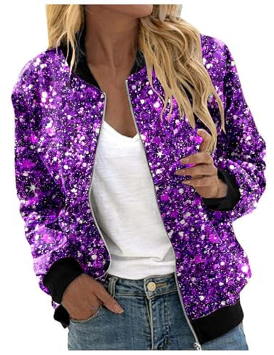 Glitzer Jacke Damen Bomberjacke Pailletten Bomber Jacke Pailettenjacke Slim Fit Langärmelig Frontreißverschluss Mantel Elegant Kurz Sakko Festliches Outfit Party Fasching Karneval Kostüm