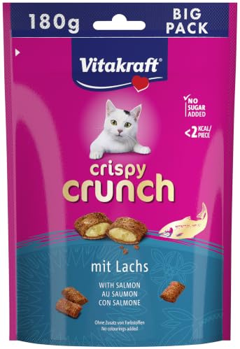 Vitakraft Crispy Crunch, Katzen Leckerli, knuspriger Katzensnack gefüllt mit Lachs, im wiederverschließbaren Big Pack, ohne Zusatz von Zucker (1x 180g)