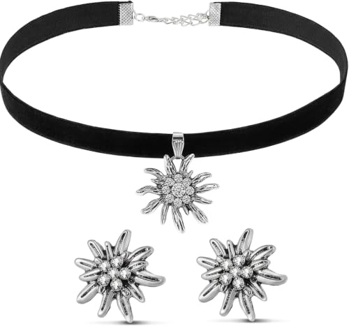Qnvyw Trachtenschmuck Damen, Edelweiß Halskette Elegante Trachtenkette und Ohrstecker für Bayerisch Oktoberfest