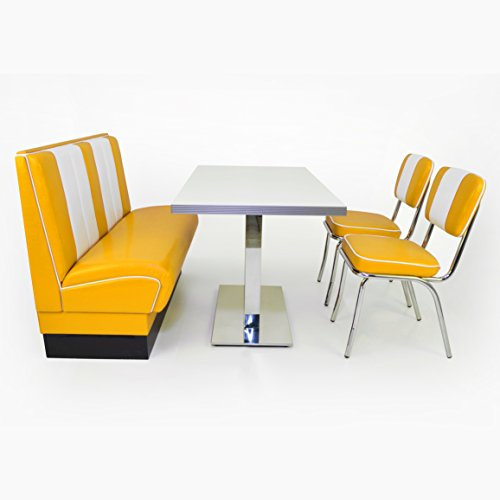 möbelland24 American Diner Sitzgruppe gelb: Sitzbank Viber 120cm + Diner Tisch + 2X Retro Stuhl