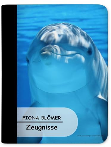 CreaDesign Zeugnismappe A4 mit Namen personalisiert für Kinder – Delfin – Dokumentenmappe Schule ohne Klarsichthüllen