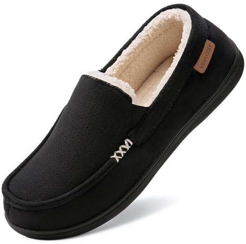 VeraCosy Men's Suede Moccasin Slippers Memory Foam Sherpa Lined Anti-Skid | Soft Fabric, Easy Care, All-Season Essential, Slip-on, Breathable, Indoor/Outdoor Sole, Non-Slip, Gift-Ready