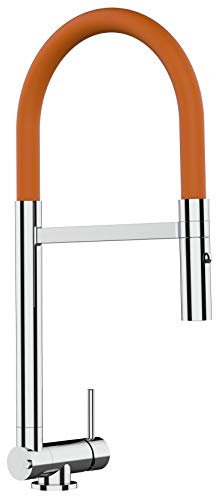 Rubinetto miscelatore cucina fontana lavello abbattibile sottofinestra 45mm canna arancione movibile ribaltabile e doccia 2 getti staccabile