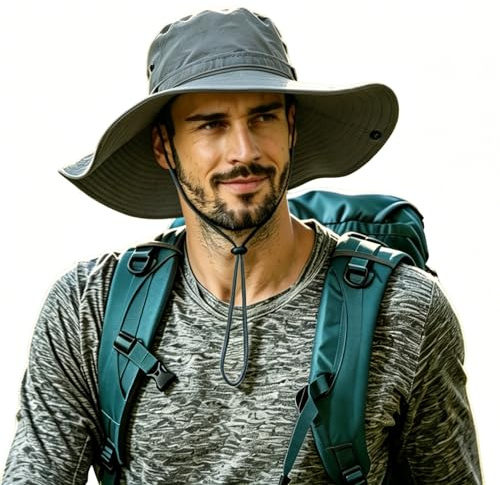 HLLMAN Solhatt med brett brätte UPF 50+ skydd, vattentät, för fiske, vandring, camping, ventilerande nylon och nät, U044 gråblå, XL
