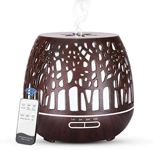 Simpeak Aroma Diffuser 400ml, Ultraschall Raum Diffuser Holz für ätherische Öle, Aromatherapie Düfte Luftbefeuchter mit Fernbedienung - Geschnitztes Wald, Dunkelbraun