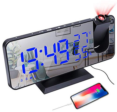YUNYODA Sveglia a proiezione, sveglia digitale a LED con superficie specchio, porta di ricarica USB, ripetizione, doppio allarme, radio FM, modalità 3Dimming, umidità della temperatura, regolazione