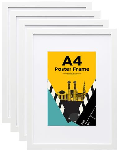 Egofine Bilderrahmen A4,Holzrahmen Rahmen mit Acrylglas, 21x29.7cm Posterrahmen für Tisch- und Wandmontage,Passepartout für Fotos DIN A5, Perfekt für Fotos,Poster,Puzzles,Zuhause, Büro,Weiß,4er