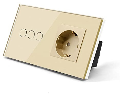 NGHSDO Interrupteur Tactile Standard 3 Gang Light Touch Switch avec Prise Murale Home Light Structure de l'écran Panneau d'alimentation Panneau de Verre Rétroéclairage (Color : Gold, Standard : 1)
