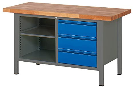 STIER Höhenverstellbare Werkbank Premium mit 3 Schubladen und einem offenen Fach BxTxH 1500x700x840-1040mm anthrazitmetall / RAL 5010