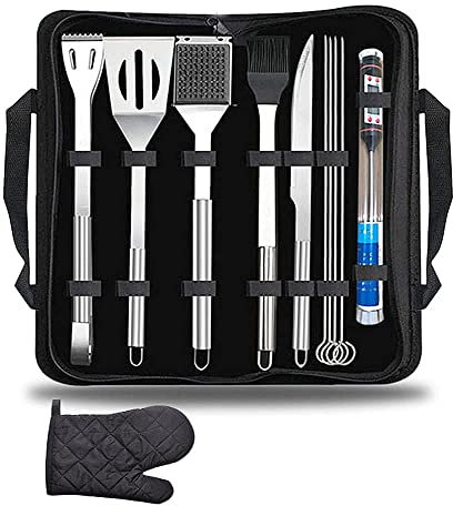 APKEY Stahl-Grillwerkzeug-Set, Grillwerkzeuge, 12-teiliges Set, Edelstahl-Grillzubehör in Tragetasche, Aufbewahrungs-Geschenk-Set für Camping, Grill, Grillutensilien-Set