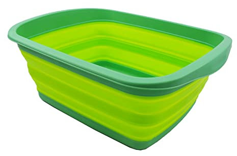 SAMMART Zusammenklappbare Wanne, 10 l, zusammenklappbar, tragbar, platzsparend, aus Kunststoff (Dunkelgrün/Fluoreszierendes Grün)