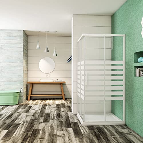 Box Doccia Angolare 80x100x190cm Scorrevoli Vetro 5mm Fascie | Vetro Temperato Trasparente Porte Scorrevoli,Centrale Serigrafato Bianco Verniciato Opcao