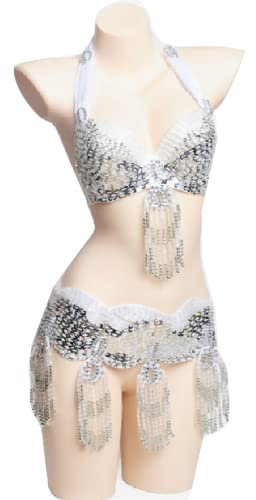 JRUIA Bauch Karneval Tanz Kostüm Für Damen Professioneller Bauchtanz BH Und Gürtel Set Mit Perlenquaste Faschingskostüm Anzug 2Tlg,Silber,one Size