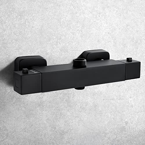 Solepearl Barra mezcladora de ducha termostática cuadrada de dos salidas, válvula de ducha de latón negro mate, barra mezcladora de ducha de doble salida con BSP superior de 34 pulgadas (26,4 mm) +
