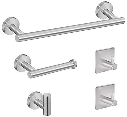 Portasciugamani a parete, set di 5 pezzi, accessori da bagno in nichel spazzolato, porta rotolo di carta igienica e ganci autoadesivi in acciaio inossidabile