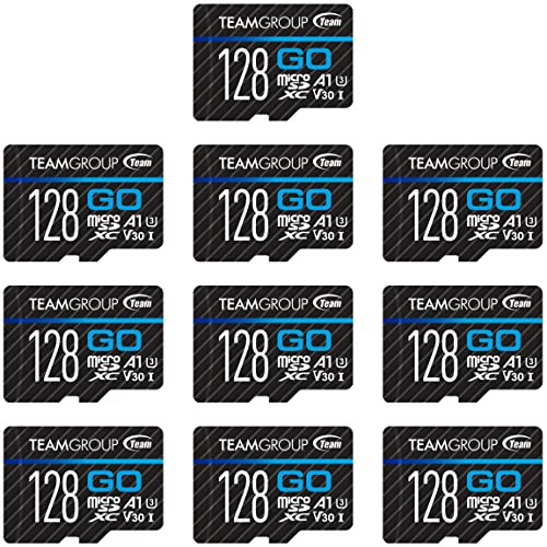 TEAMGROUP GO Card TGUSDX128GU366 Lot de 10 Cartes mémoire Micro SDXC UHS-I U3 V30 4K pour GoPro, Drone et caméras d'action, Carte mémoire Flash Haute Vitesse avec Adaptateur pour Sports de Plein air,