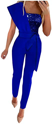 EMATOP Jumpsuits für Damen Elegant Einteiler Overall Lang Einfarbig Hosenanzug mit Glitzer Playsuit Hohe Taille Vintage Latzhose mit Gürtel Arbeitshose Slim Fit Strampler Frauen Spielanzug