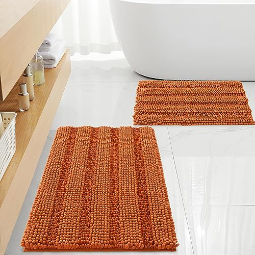 Non Slip Thick Shaggy Chenille Bathroom Rug Sets 2 Piece, Thickened Hot Melt Rubber Bottom Bath Mats for Bathroom, Bath Rugs Quick Dry Machine Washable for Shower (Burnt Orange, 32x20 Plus 17x24)