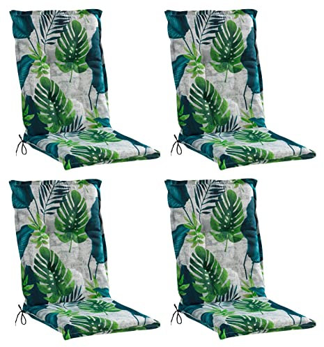 Gartenstuhlauflagen Hochlehner 4er Set - 120 x 50 cm - Blau - Grau - Grün - Baumwolle - Polyester - Blattmotiv - Sesselauflage Sitzpolster Stuhlauflage