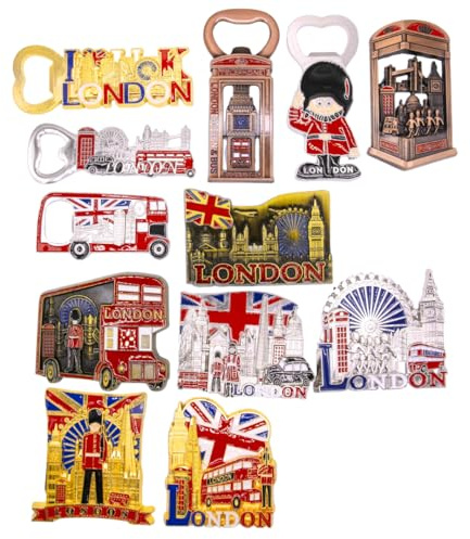 Set of 12 I Love London Magnets - Souvenir Fridge Magnet and Bottle Opener- Union Jack London - Magnets for Home and Kitchen Accessories or Collectibles with Big Ben and British Flag.