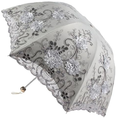 WENDIN Vintage 3D Blume Stickerei Spitze Regenschirm mit Blitzfolie Dekoration Anti-UV Sonnenschirm Faltschirm für Hochzeit Party Spitze Braut Regenschirm (Grau)