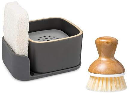 Full Circle Bubble Up Combo — Family Safe, Formaldehyde-Free – Gray Ceramic Soap Dish with Plant-Based Sponge & Bamboo Dish Brush – Versatile Kitchen Scrub Brush Set for Pots, Pans, Counter & Ovens
