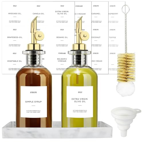 QPIX DIGITAL Gold Weighted Glass Oil and Vinegar Dispenser Set - 350ml Cruets with Pourer for Kitchen - Perfect for Olive Oil & Avocado Oil, HG0708-golden-glass*2