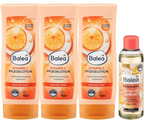 Balea 4er-Set Hautpflege: Pflegelotion Vitamin C hautbildverfeinernd & belebend mit Aprikosenkernöl (3 x 200 ml) + Pflegeöl Sense of Apricot Massageöl mit Mandel- & Traubenkernöl (100 ml), 700 ml