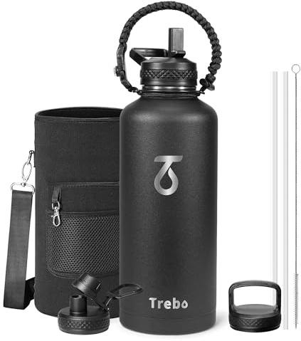 Trebo Borraccia Termica, Borraccia con Cannuccia Borraccia acciaio inox fredda per 48 ore Borraccia Termica Bottiglia in Metallo con Manico in Paracord, 2573 ml, Nero