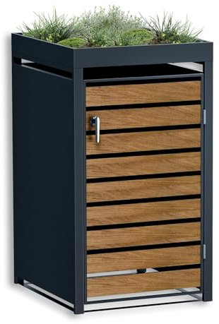 Metzler® Mülltonnenbox Anthrazit Holzoptik mit Pflanzdach Automatikdeckel und abschließbar wetterfest pulverbeschichteter Stahl RAL7016 robust pflegeleicht modular erweiterbar für 120l 240l außenberei