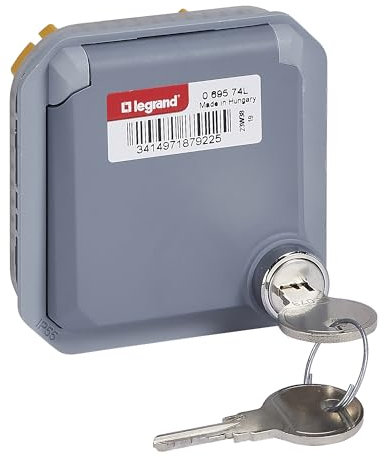 LEGRAND, Plexo New 069639L Prise Schuko standard pour pièces humides avec couvercle à charnière, protection contre les contacts, bornes à fiche, 16 A,