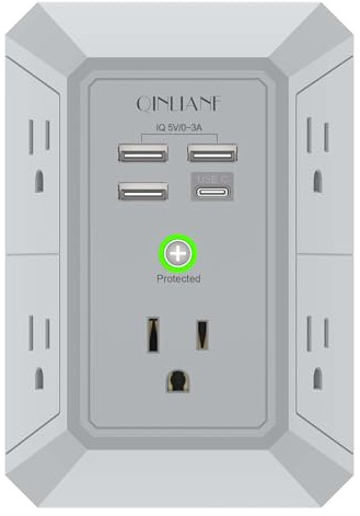 USB Wall Charger, Surge Protector, QINLIANF 5 Outlet Extender with 4 USB Charging Ports(3U1C) 3-Sided 1680J Power Strip Multi Plug Outlets Wall Adapter Spaced for Home Travel Office, Grey