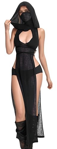 Mingnos Goth Vestido transparente para mujer, traje rave, negro, con doble abertura alta, vestido para festival EDM, vestidos de discoteca, Negro , M