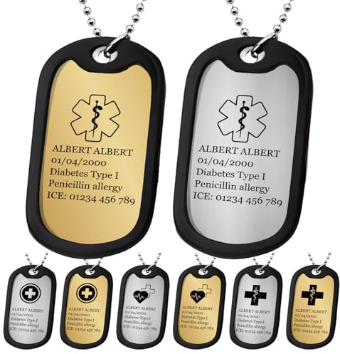 Collier plaque d'identité médicale personnalisé pour hommes et femmes en acier inoxydable plaque d'identification d'urgence gravée (gravure simple face)