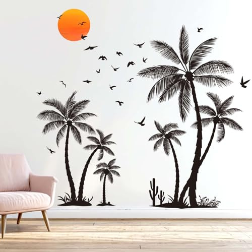 Amimagen Große Schwarze Palme Wandaufkleber - Tropische Kokosnuss Baum Vögel Wandaufkleber - Schlafzimmer Wohnzimmer Sofa TV Hintergrund Haus Wanddekoration