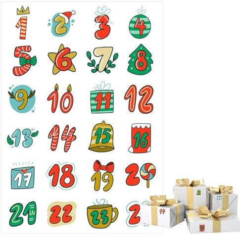 Weihnachten Adventskalender Zahlen Aufkleber, 1-24 Weihnachtskarte Umschlag Aufkleber, Adventskalender Zahlenetiketten, Adventskalender Aufkleber, Countdown Festival Karte Siegeletiketten für Urlaub