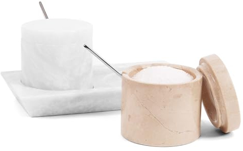 Radicaln Marble Salt Cellar with Lid and tray 3 Inch White and Verona Salt Container, Set of 2 Seasoning Jars, Spice Storage Container for Kitchen countertop, spice jars Sugar bowl