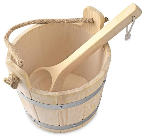 Kit de sauna 9,9'' Seau de sauna en bois avec doublure en plastique avec louche Sauna à baril renforcé avec poignée épaisse pour sauna Baril de salle de bain Kit de sauna Seau en boisSeau de sauna