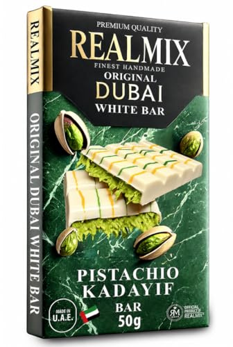 REALMIX Chocolat de Dubaï Blanc - Tablette de Chocolat Premium Fourrée à la Pistache et au Kadayif Croustillant - Tablette Dubai Fabriquée aux U.A.E. (50 grammes, Chocolat blanc)