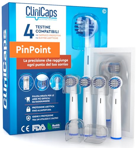 4 Testine Spazzolino Elettrico Ricambio Compatibile con Oral-B Setole Precise per Pulizia Mirata CliniCaps PinPoint Doppia Protezione Bustina Asettica e Cappuccio Protettivo