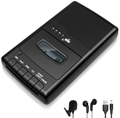 Reproductor Cassette Portatile,Registratore Lettore Cassette USB Portatile con Microfono Autonomo, Altoparlante Integrato, Uscita per Cuffie, Maniglia per Trasporto, Nero