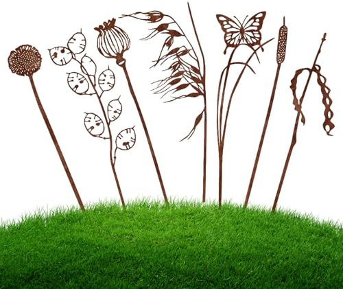 Lot de 7 fleurs extérieures en métal, piquets décoratifs de jardin, 35 x 40 x 0,3 cm, décorations de jardin rouillées pour parterres de fleurs, allées et cour