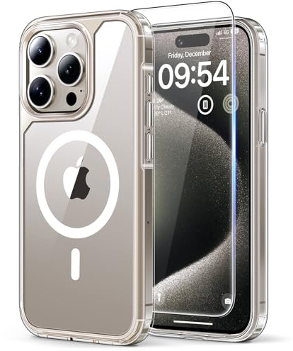TAURI für iPhone 15 Pro Max Hülle 6,7 mit Schutzfolie - Durchsichtig | Kompatibel mit MagSafe, Schutz nach Militärstandard, [Anti-Vergilbung] Stoßfest Magnetisch Handyhülle