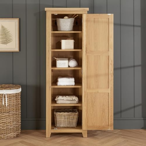 The Furniture Market Cheshire Whitewash Oak | Single Shaker Linen Storage Cupboard | Tall Shaker Storage Cabinet | Adjustable Shelves & Hooks | Minor Assembly Required | H 1800 x W 610 x D 410mm
