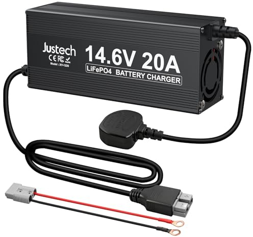 Justech Cargador de Baterías 20A 14.6 para Fosfato de Hierro y Litio,Cargador de Baterías Coche con Múltiples Protecciones de Seguridad para Auto/Camión/Barco/RV