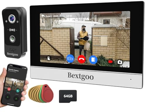 Bextgoo Visiophone Filaire, 2K Visiophone Connecté WiFi, Interphone Vidéo 4 Fils, Moniteur Tactile Couleur 7 avec Carte SD 64G, App, Carte IC Unlock, Vision 170°, Détection Mouvement AI, IP66