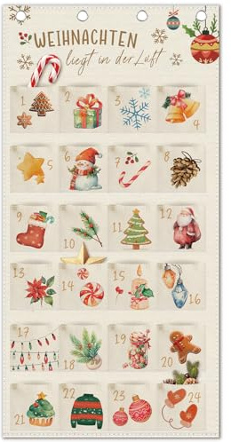Calendario de Adviento 2025 como calendario de pared de tela, calendario de Adviento para rellenar, reutilizable con 24 bolsillos, calendario de Navidad para colgar, Adviento, un solo, quema Navidad